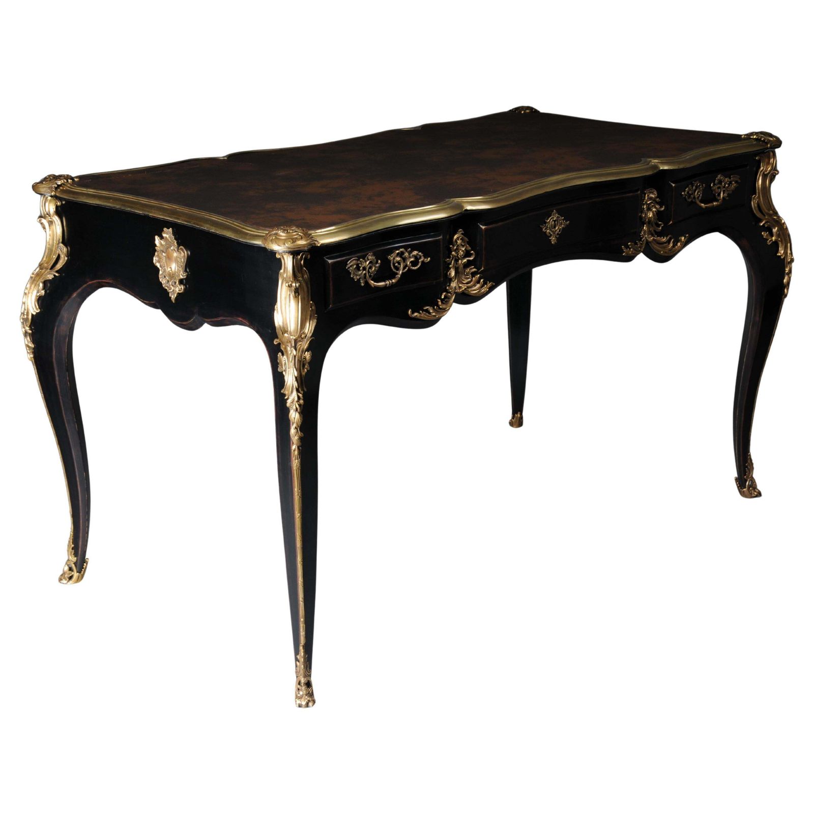 Designer Writing Desk / Bureau Plat In Louis XV Style, Piano Black And Gold