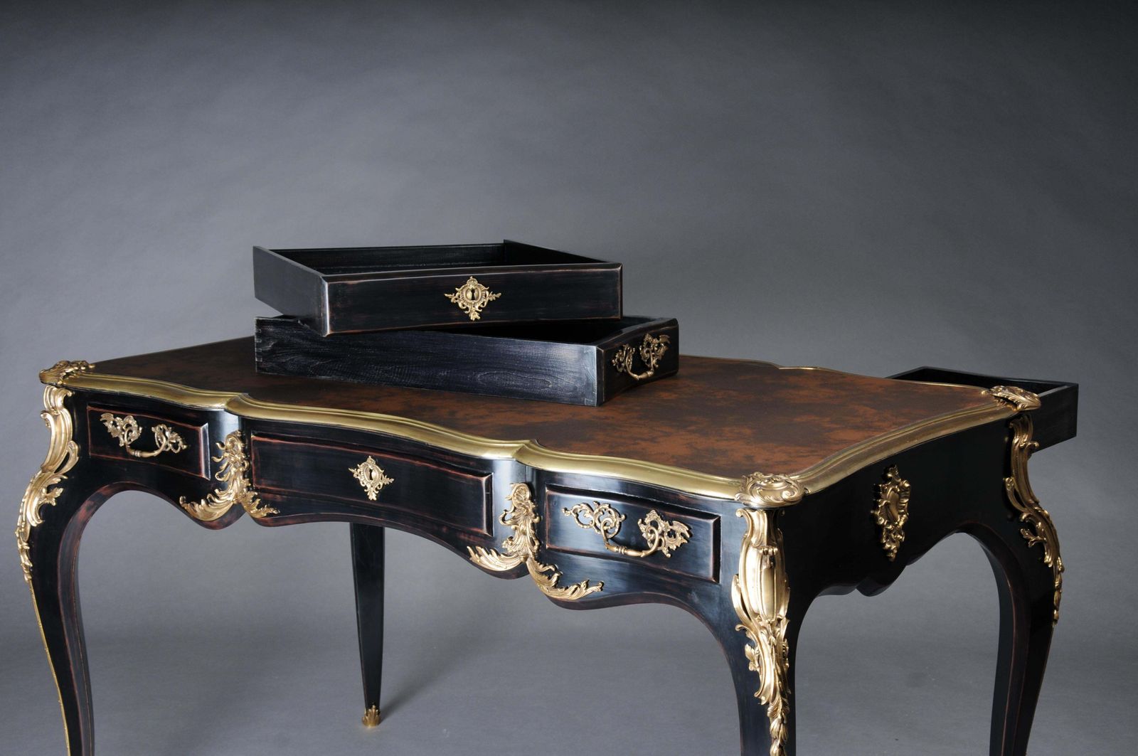 Designer Writing Desk / Bureau Plat In Louis XV Style, Piano Black And Gold photo for sale