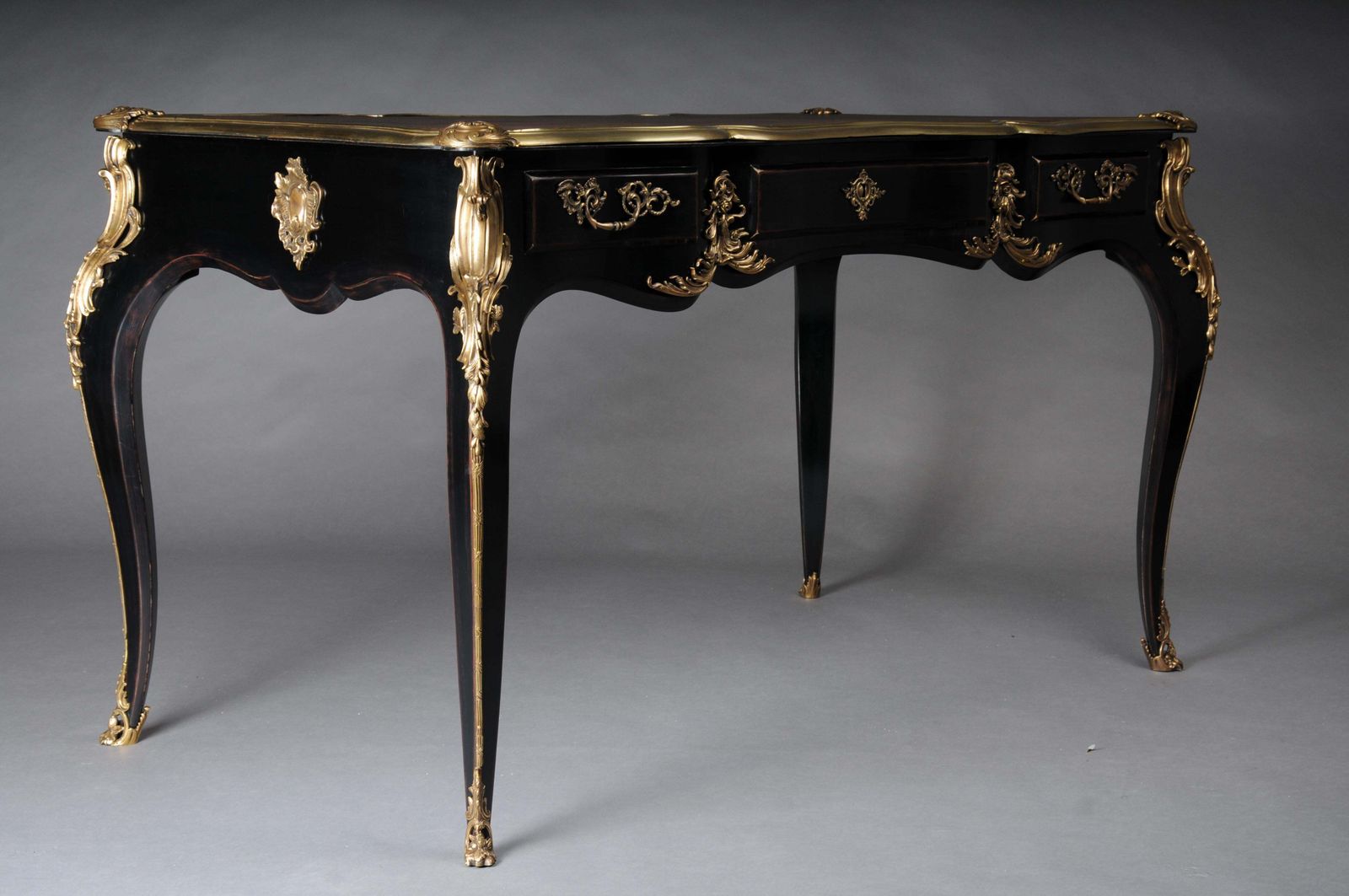 Designer Writing Desk / Bureau Plat In Louis XV Style, Piano Black And Gold photo vintage