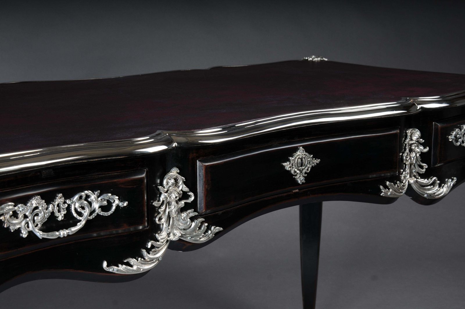 Designer Writing Desk / Bureau Plat In Louis XV Style Piano Black With Silver photo buy