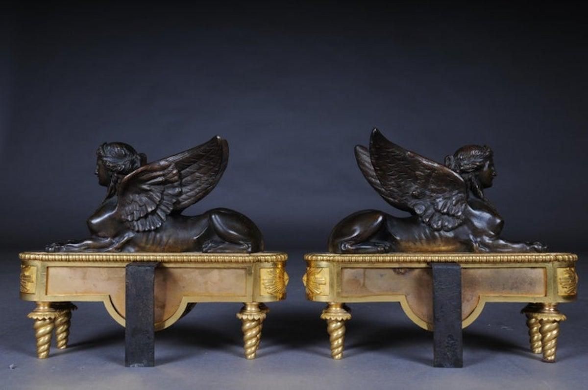 photo vinterior Pair Of Empire Sphinx Chimneys, Brass Andirons, Paris 19th Century Napoleon III