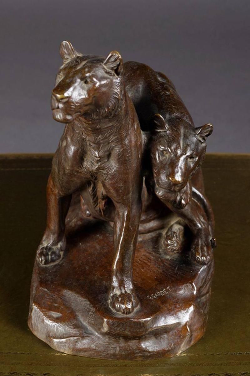 Early 20th Century Bronze Plastic Tiger Couple On Rocks By G. Gardet, 1863 1939 photo for sale