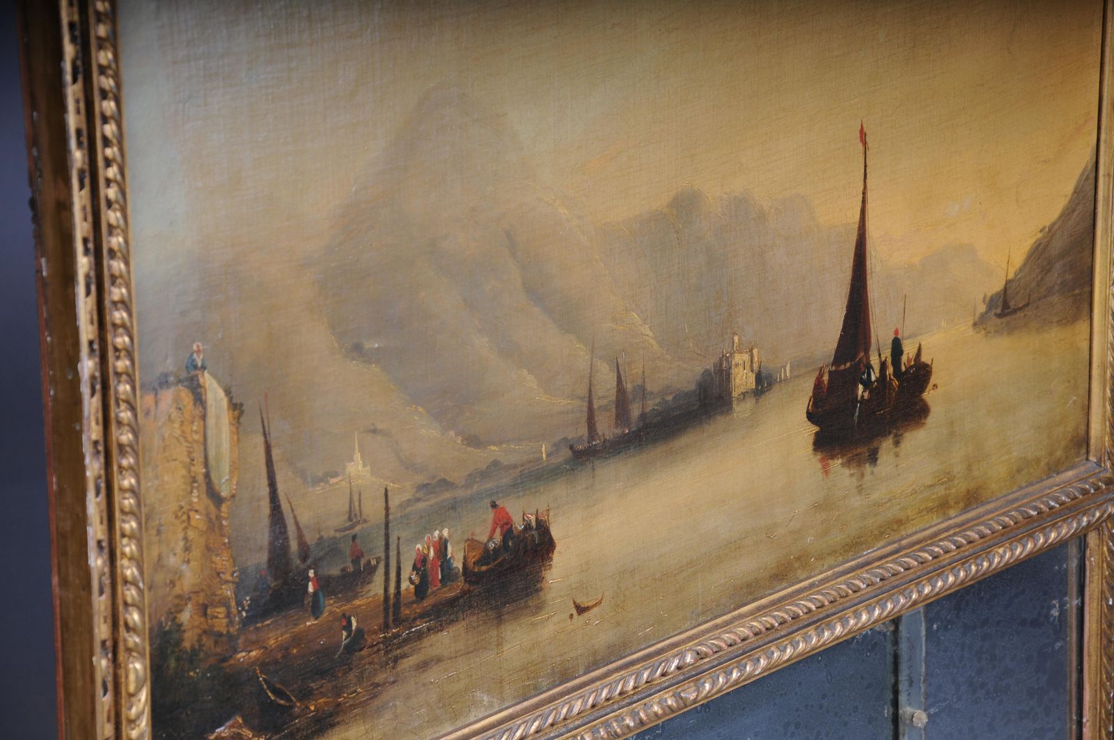 photo vintage Classic Antique French Trumeau Mirror With Harbor Landscape With Sailing Ships
