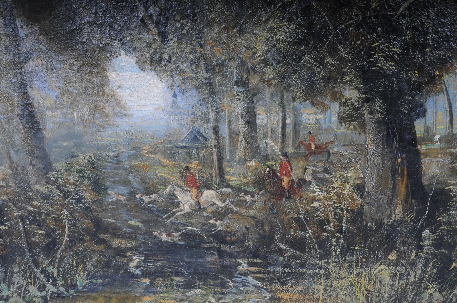 Impressionist Oil Painting Horse Rider With Hunting Dogs Forest, Signed photo furniture