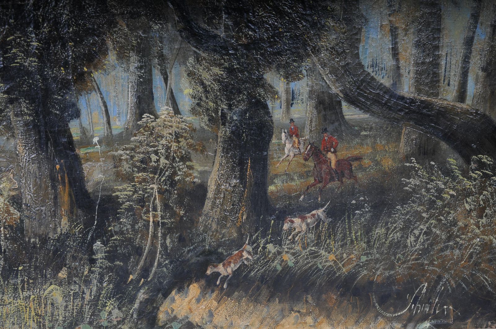 Impressionist Oil Painting Horse Rider With Hunting Dogs Forest, Signed photo Art