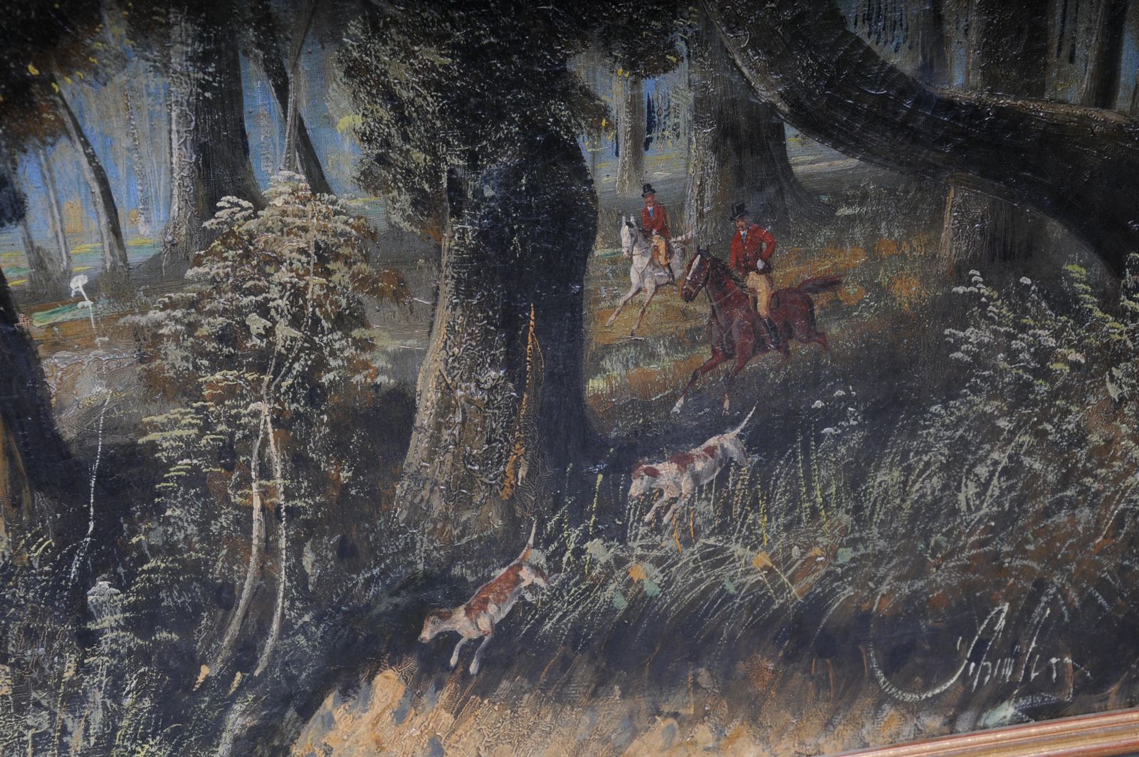 photo furniture Impressionist Oil Painting Horse Rider With Hunting Dogs Forest, Signed