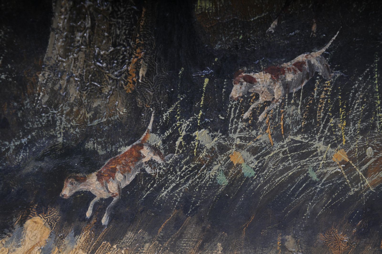 photo for sale Impressionist Oil Painting Horse Rider With Hunting Dogs Forest, Signed