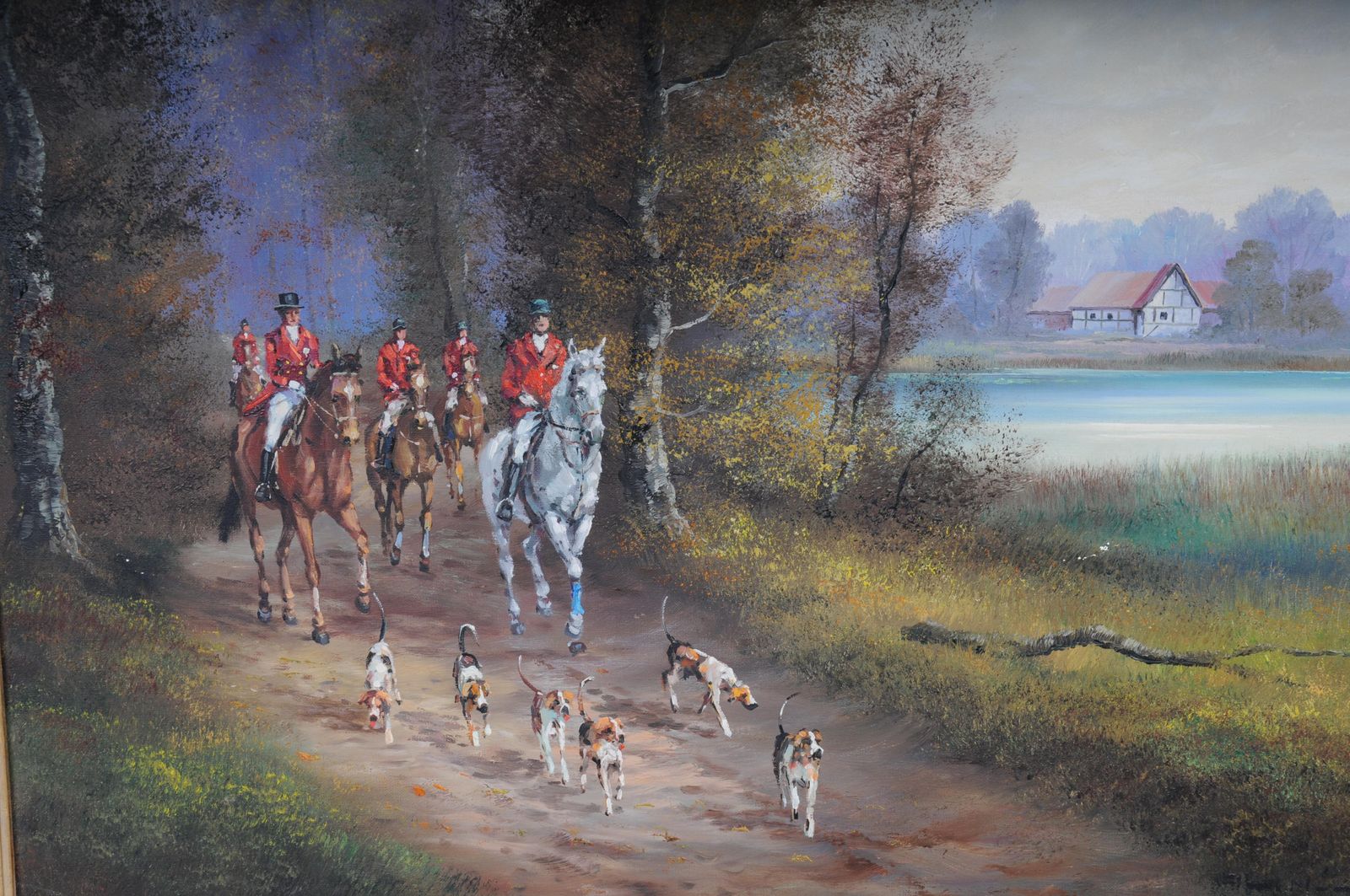 photo furniture 20th Century Impressionist Oil Painting Horse Rider With Hunting Dogs, Signed
