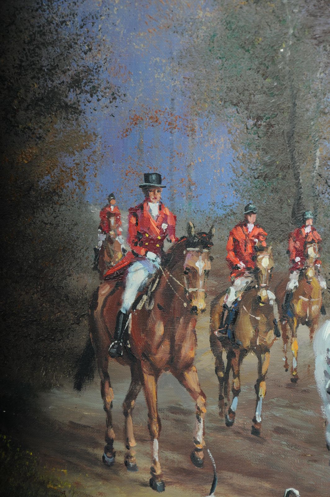 photo buy 20th Century Impressionist Oil Painting Horse Rider With Hunting Dogs, Signed