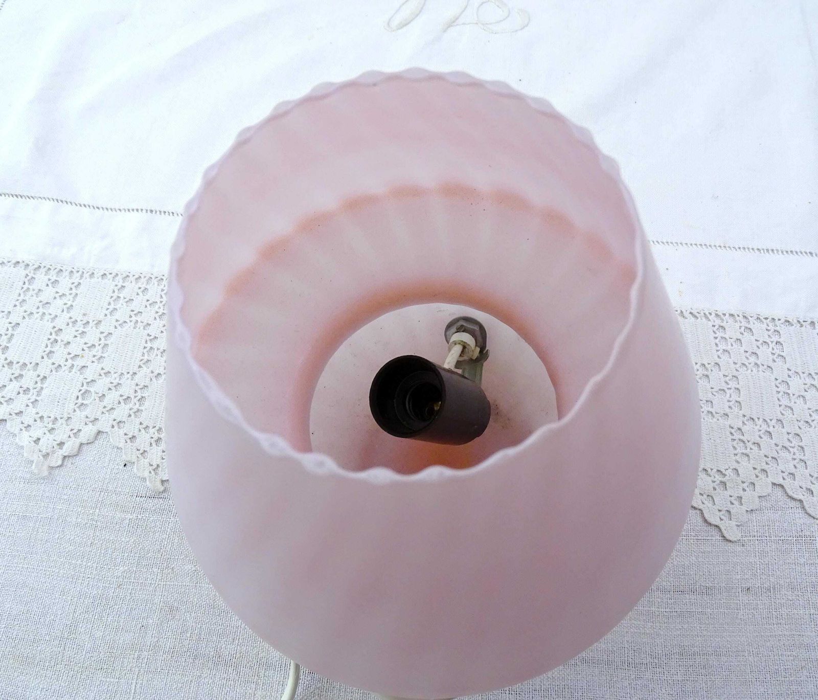 Vintage 1970s Pink Frosted Glass Mushroom Lamp, Retro Glassware Bedside Lighting In Pale Pastel Pink Color, 1980s Table Light From France photo for sale