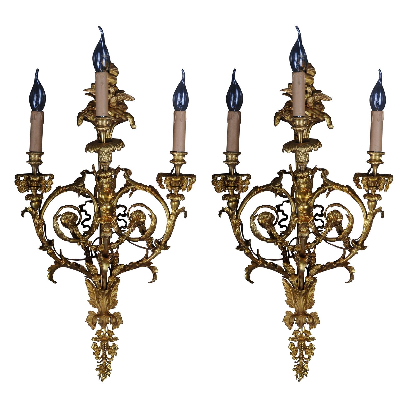 Pair Of (2) Bronze Magnificent Sconces, Gilded In Louis XV
