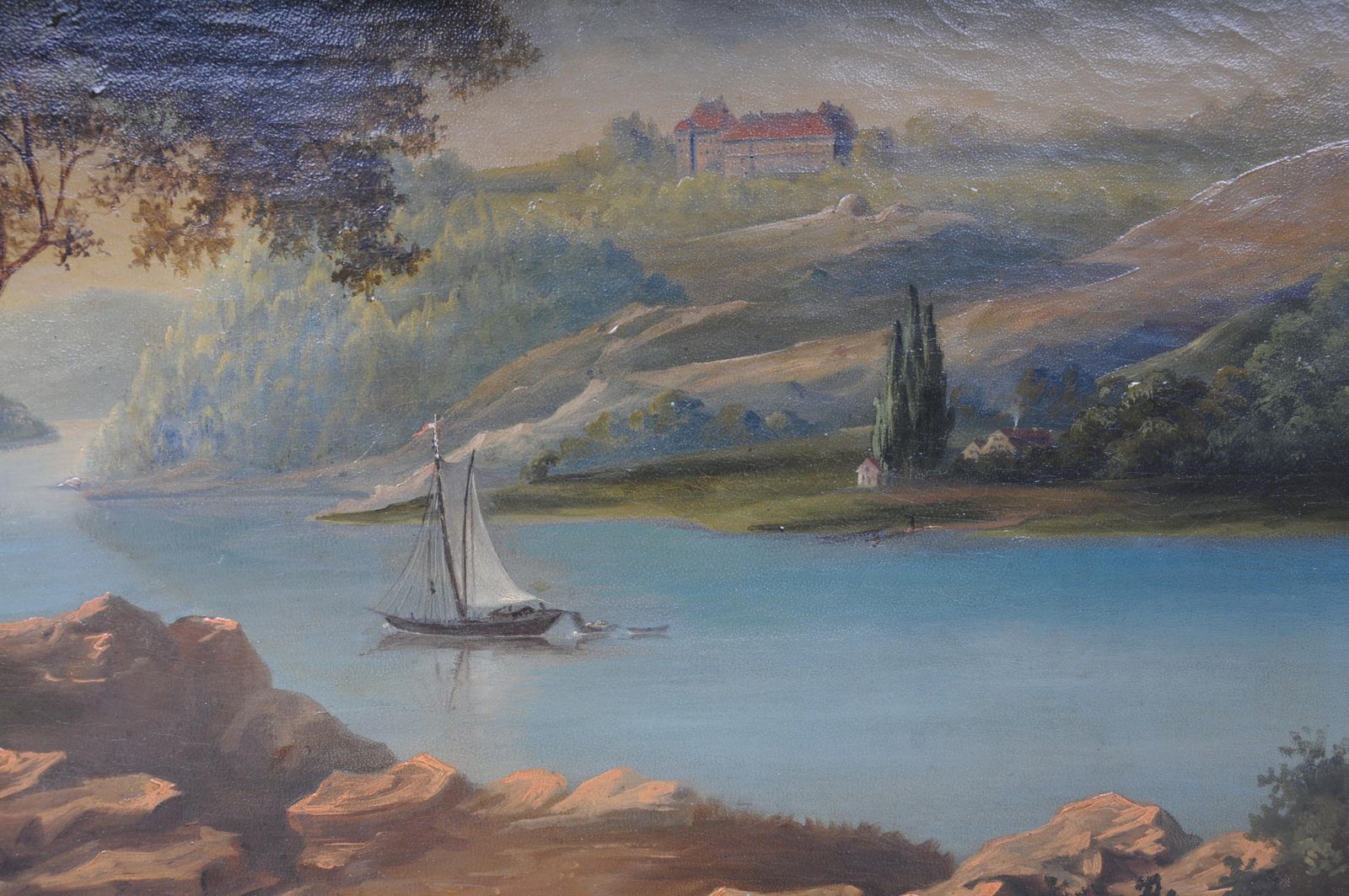Oil Painting Idyllic River Landscape/Romantic Scene 19th Century photo for sale