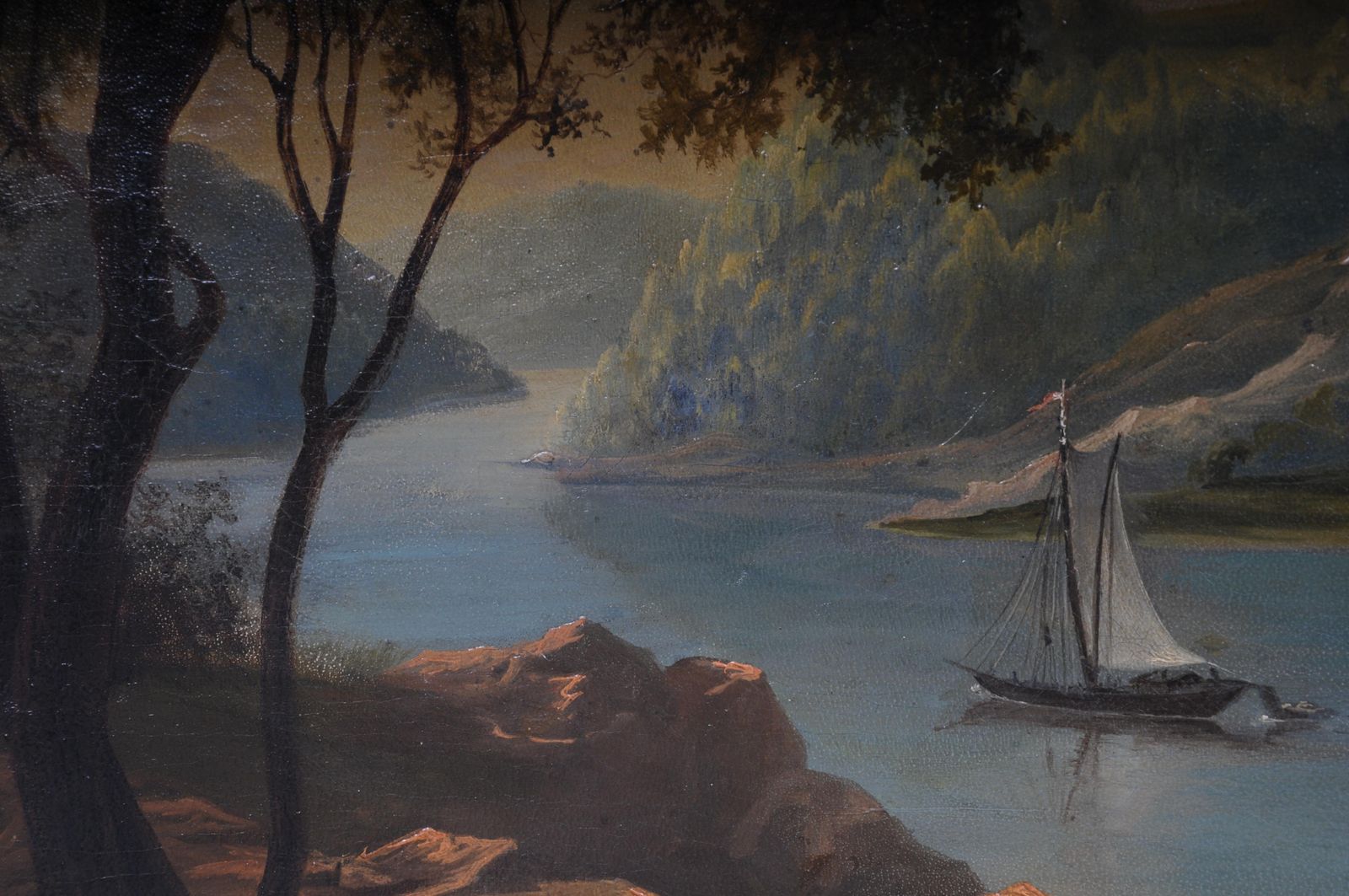 Oil Painting Idyllic River Landscape/Romantic Scene 19th Century photo vintage
