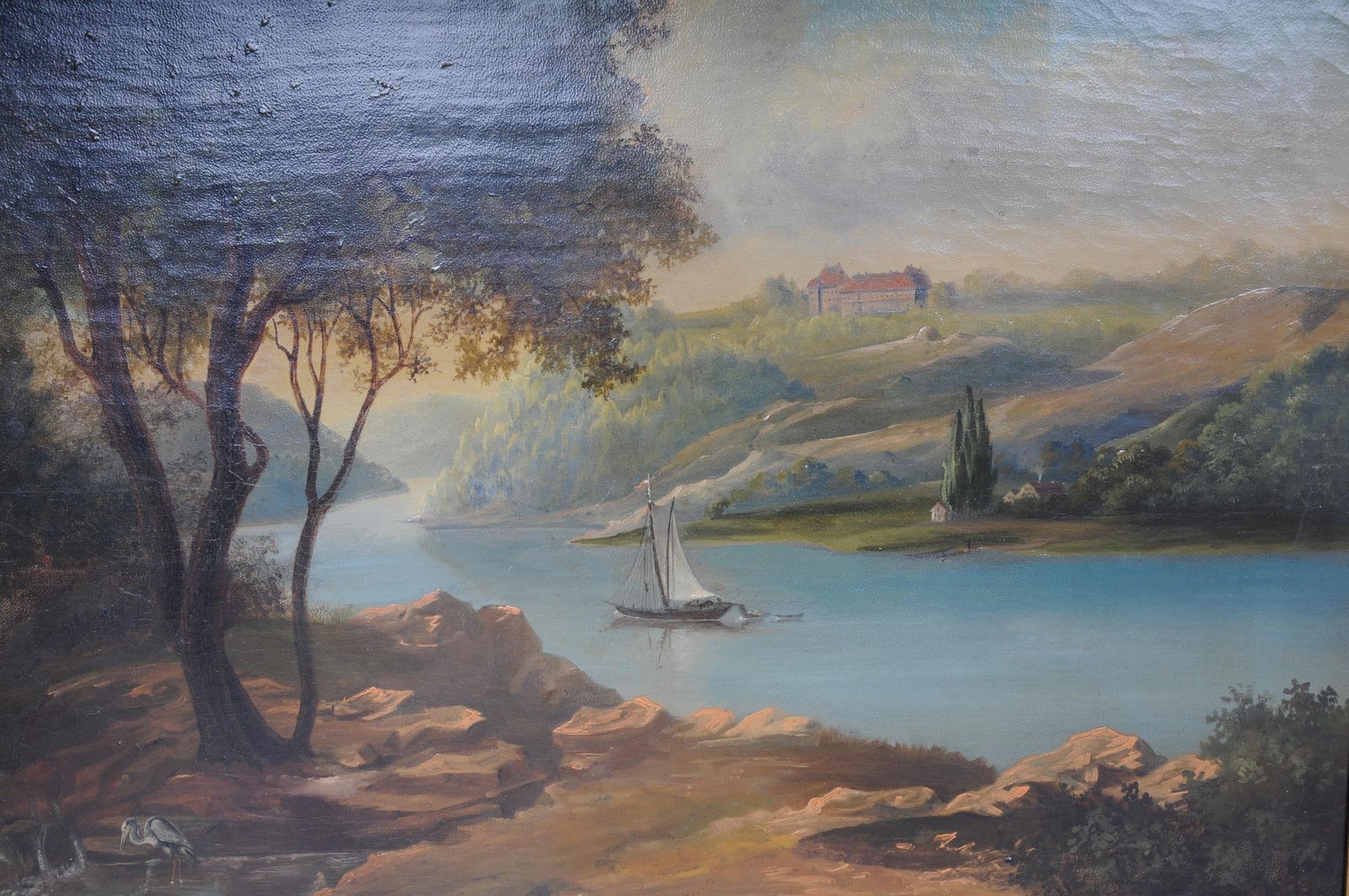photo for sale Oil Painting Idyllic River Landscape/Romantic Scene 19th Century