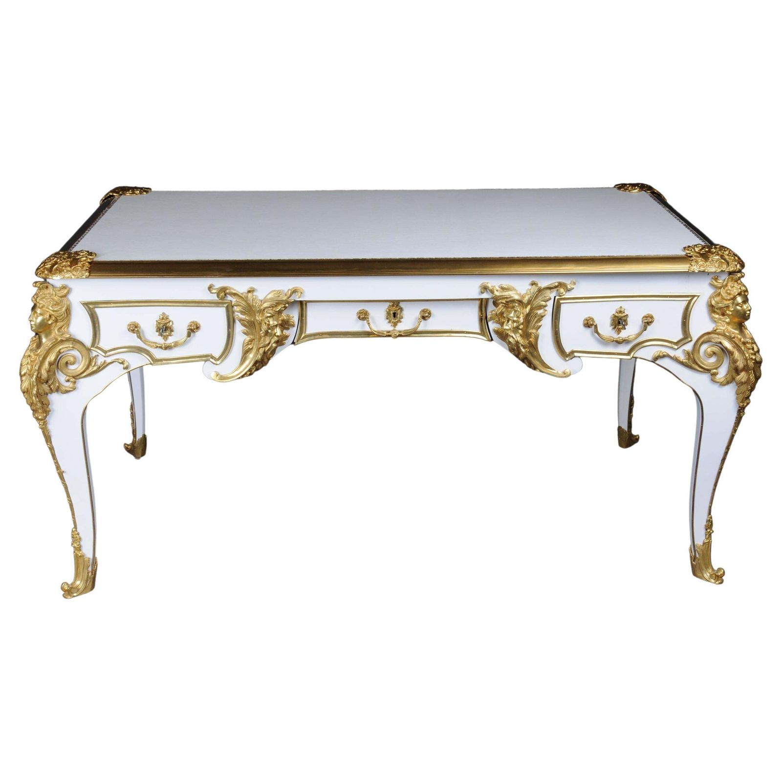 20th Century Bureau Plat/Desk High Gloss White With Gold After C. Boulle