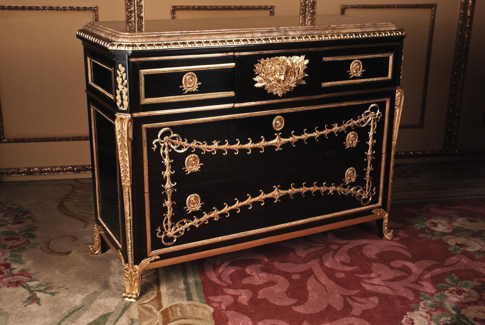 Commode After The Original Model From Jean Henri Riesener, Black Gold photo furniture