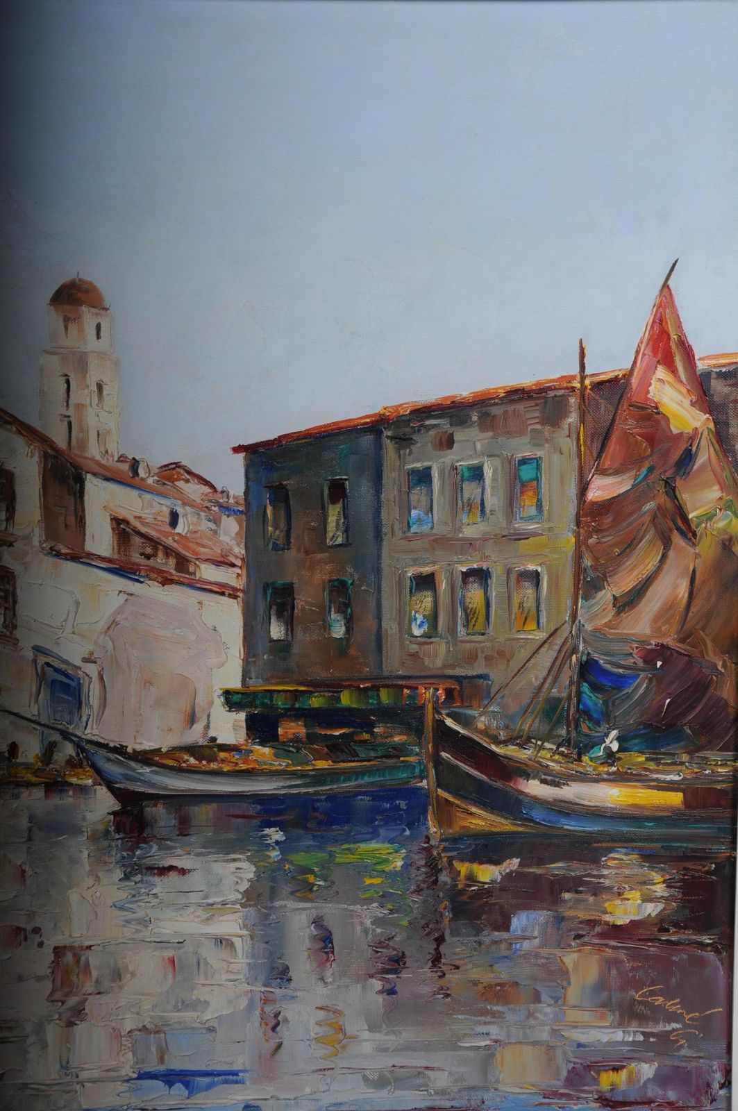 Oil Painting Fish Harbor Of St. Tropez, 20th Century photo vinterior
