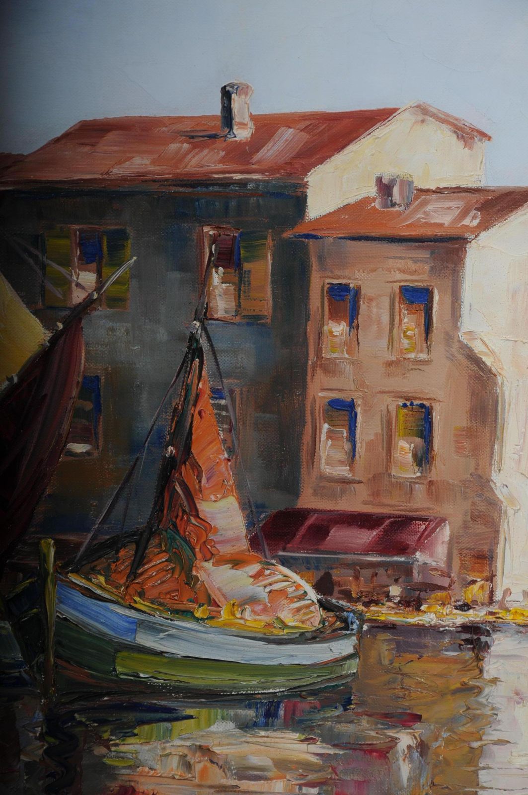 Oil Painting Fish Harbor Of St. Tropez, 20th Century photo vintage