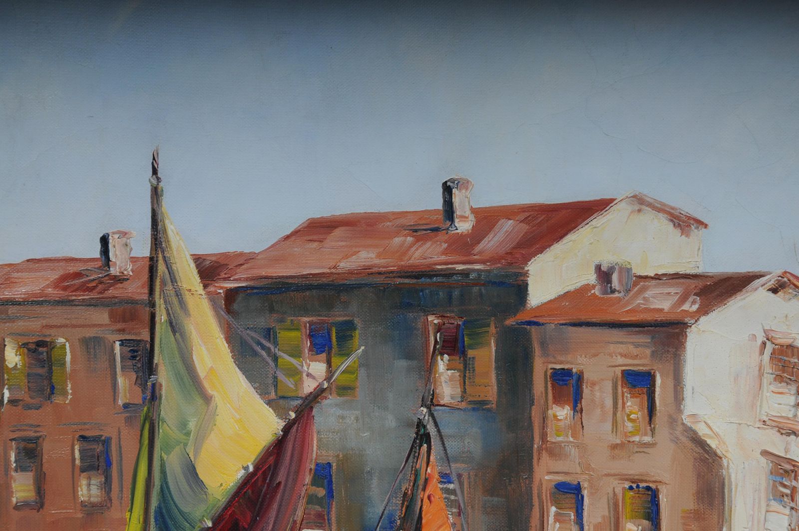 photo vintage Oil Painting Fish Harbor Of St. Tropez, 20th Century
