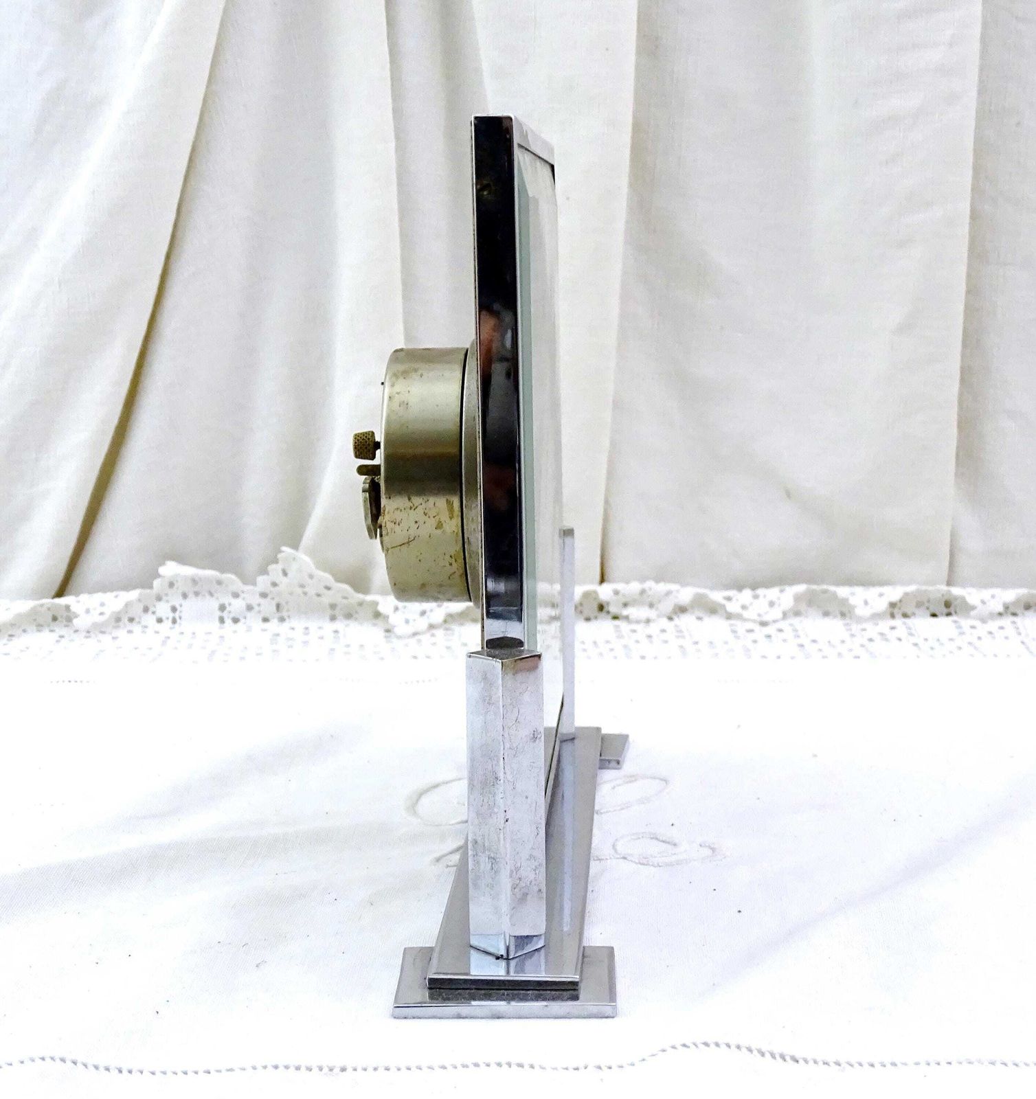 Large Square Antique French Art Deco Chrome Clock With Bakelite Face Working Mechanism But Hands Lose, Retro 1930s Stylish Mantle Clock photo Home Decor
