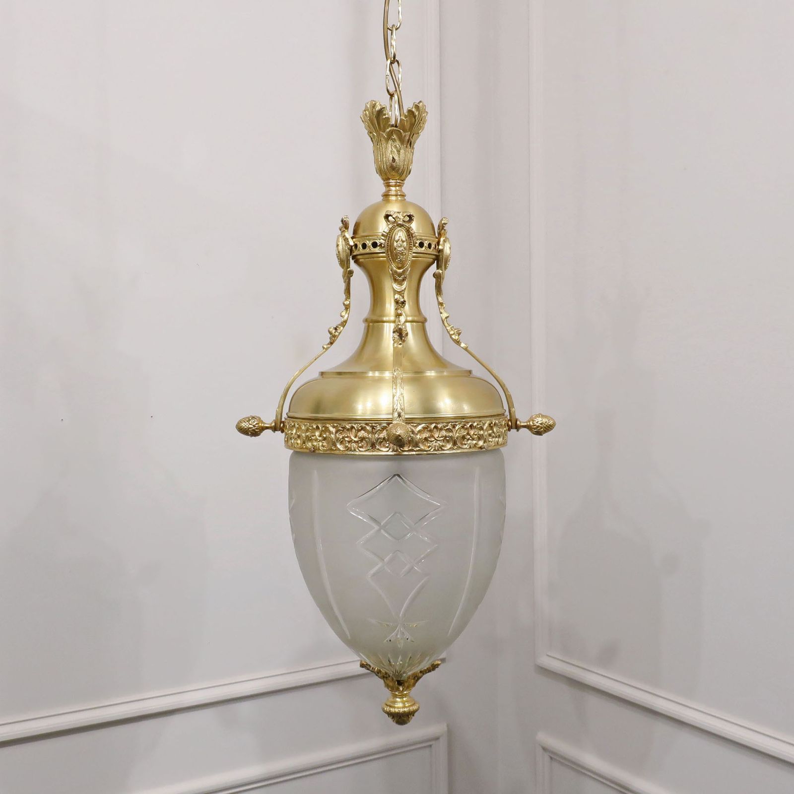 Substantial French Louis XVI Style Bronze Gilt & Frosted Glass Pendant Lantern
