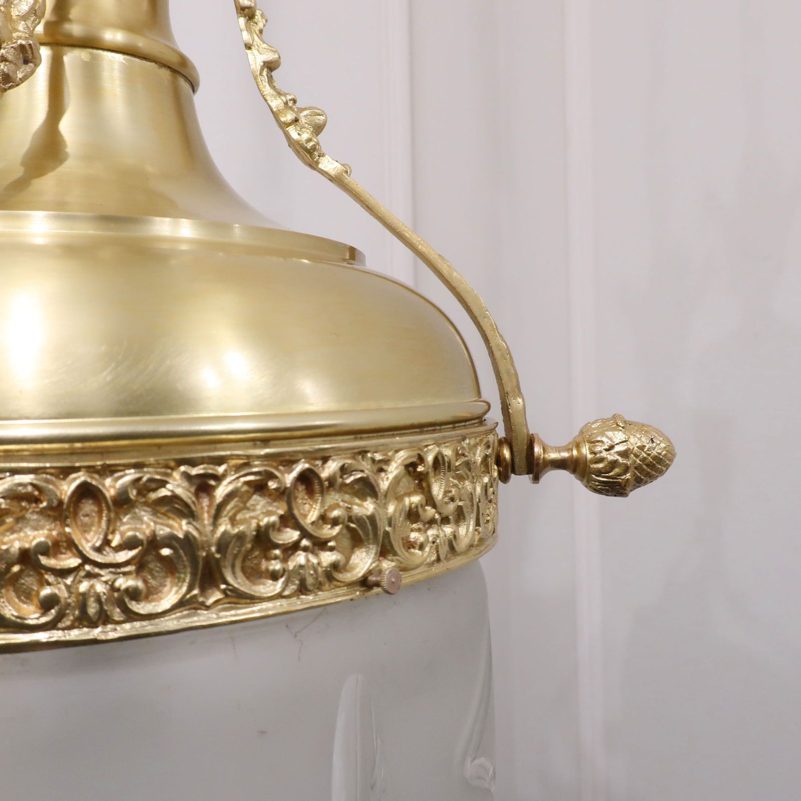 Substantial French Louis XVI Style Bronze Gilt & Frosted Glass Pendant Lantern photo furniture
