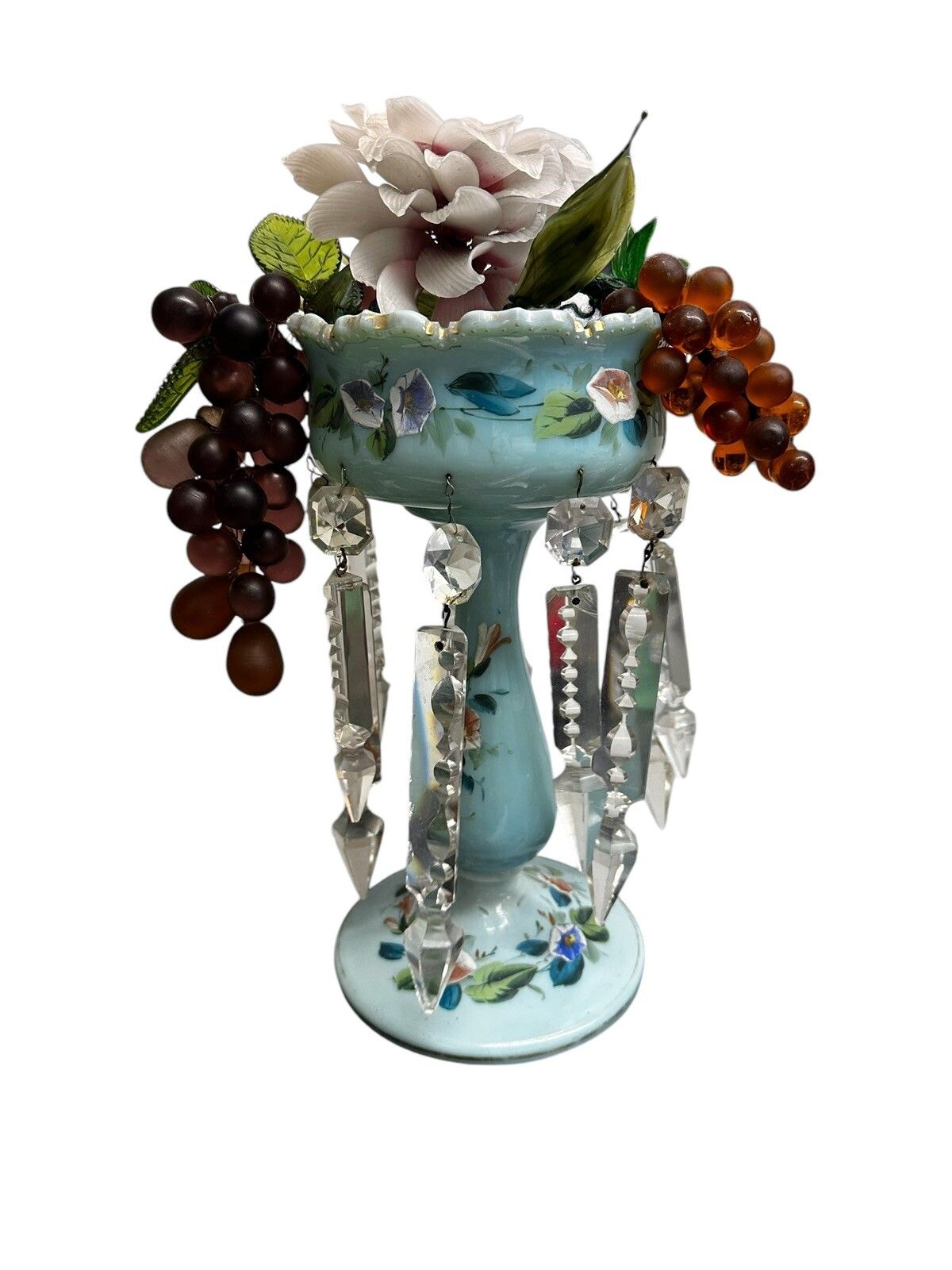 Victorian Lustre Vase , C.1870. With Crystal Dangles And Glass Fruit / Flowers photo vintage