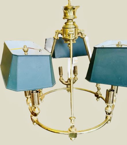 Mid Century Quality Brass And Tole Bouillotte Chandelier Ceiling Light photo buy