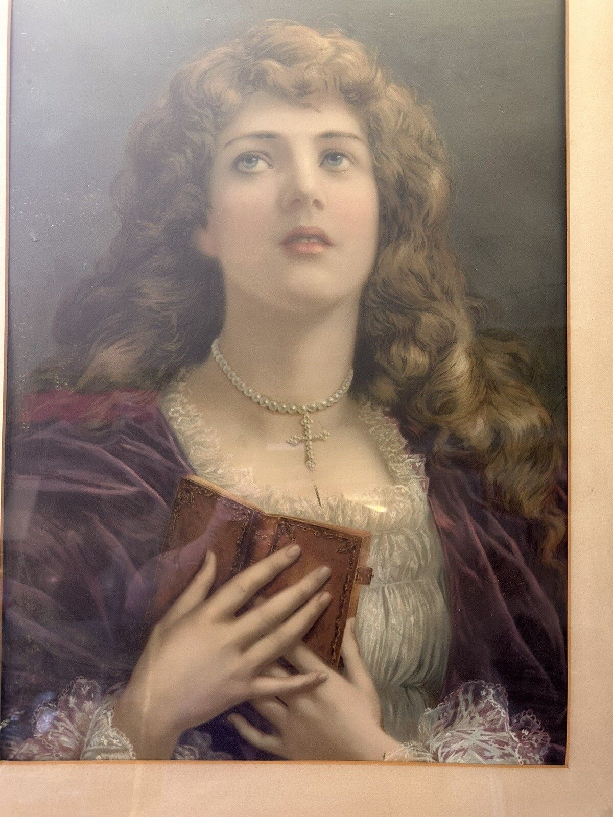 Portrait Young Woman With A Pearl Necklace And Cross And Bible Antique Print photo for sale