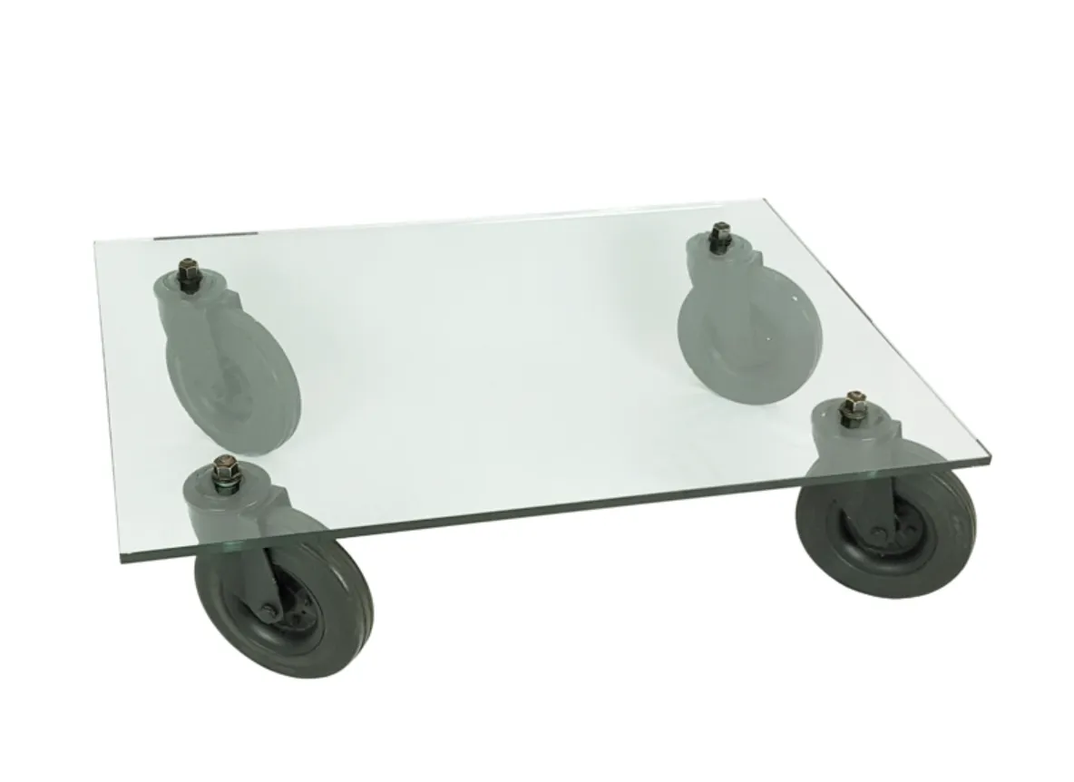 Glass, Metal & Rubber Wheeled Coffee Table Attributed To Gae Aulenti For Fontana Arte, 1980s photo furniture