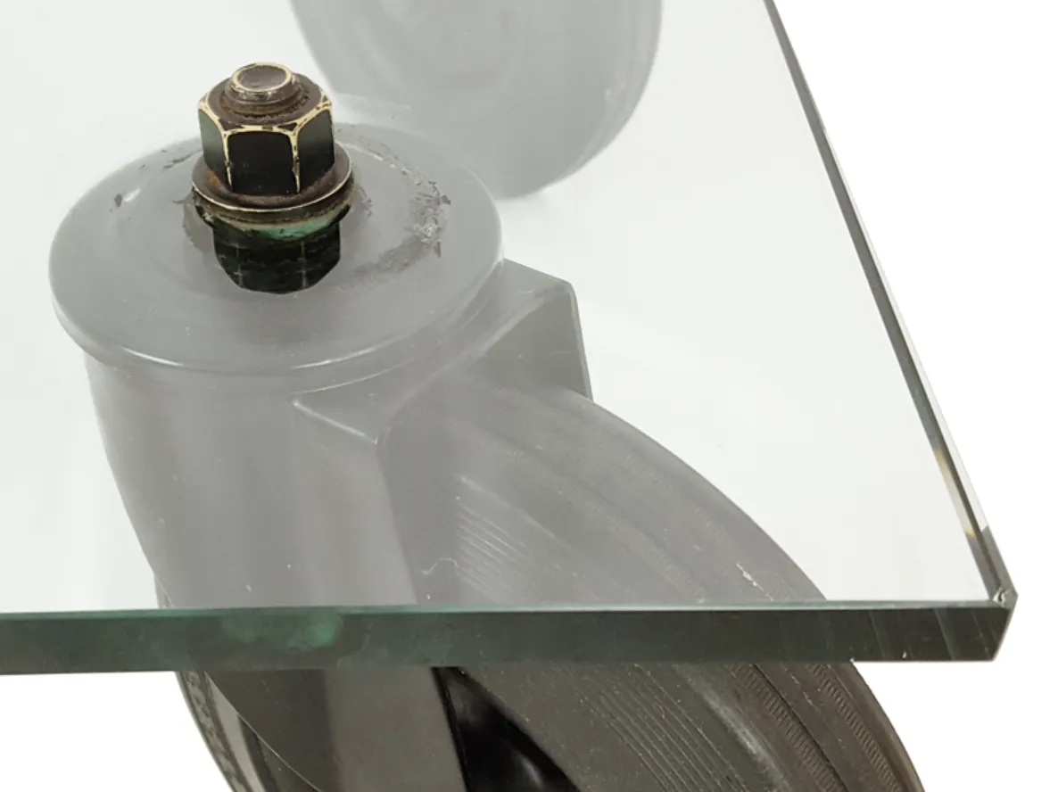 Glass, Metal & Rubber Wheeled Coffee Table Attributed To Gae Aulenti For Fontana Arte, 1980s photo Furniture