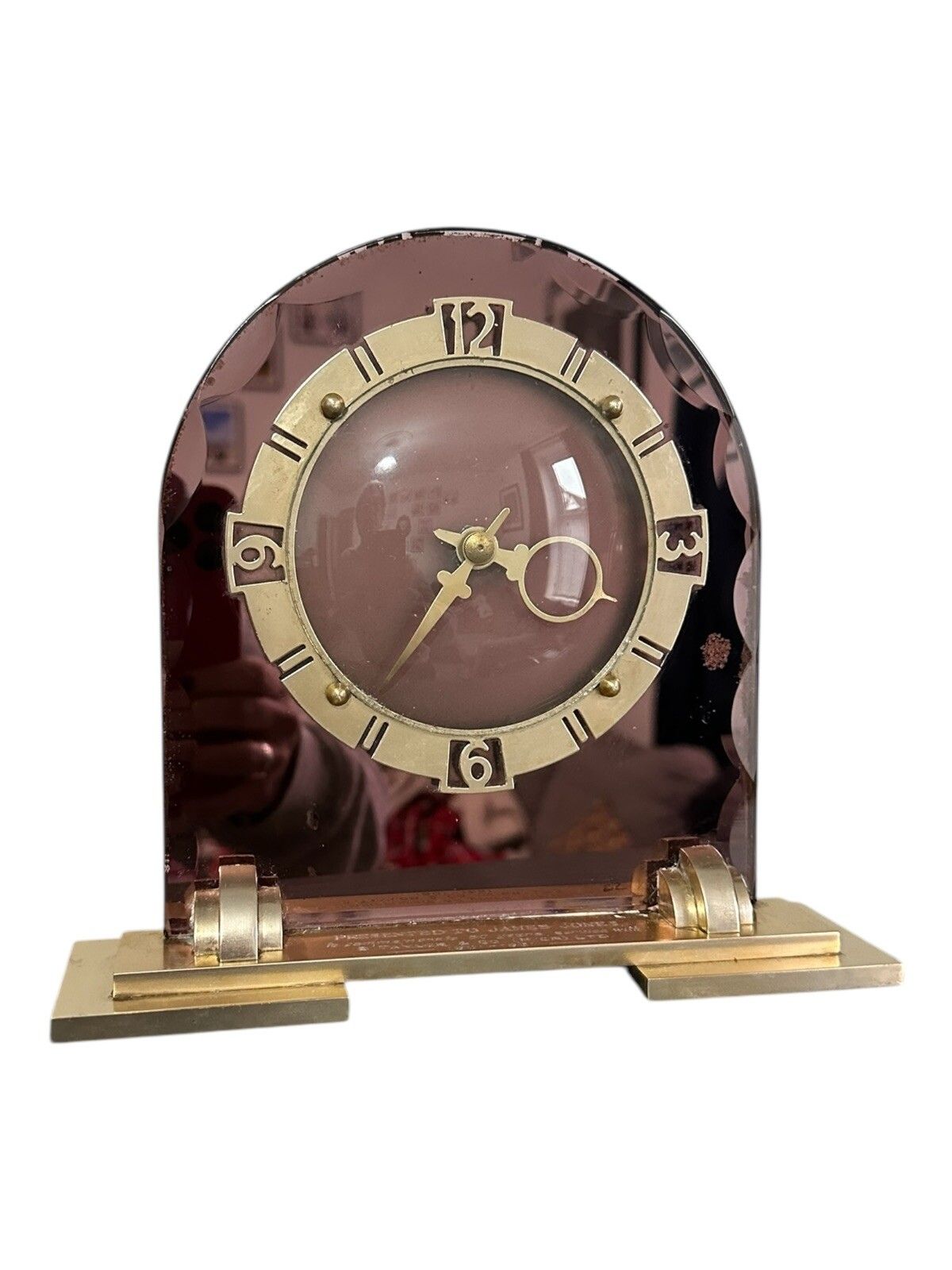 Art Deco Peach Mirror Glass & Brass Clock, English, C1930 photo for sale