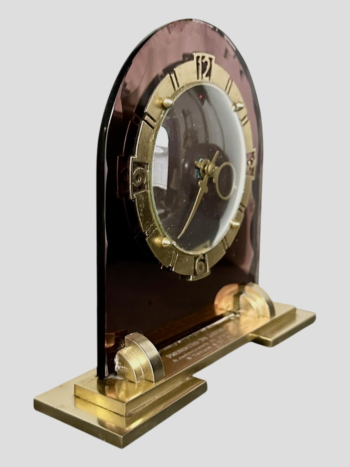 Art Deco Peach Mirror Glass & Brass Clock, English, C1930 photo 156.0