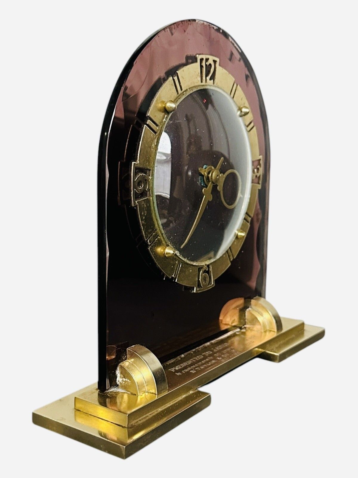 Art Deco Peach Mirror Glass & Brass Clock, English, C1930 photo vinterior