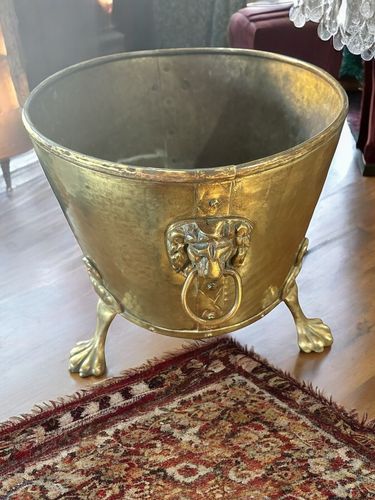 19th Century English Brass Oval Log Coal  Planter Riveted Bucket  Lion Detail photo Home Decor