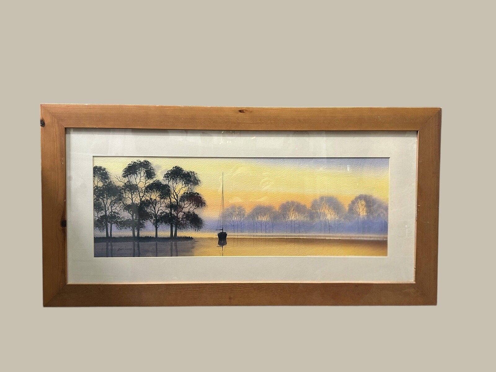 Original Signed Watercolour Nick Grant 91 Cm X 46 Cm Rutland Water Landscape