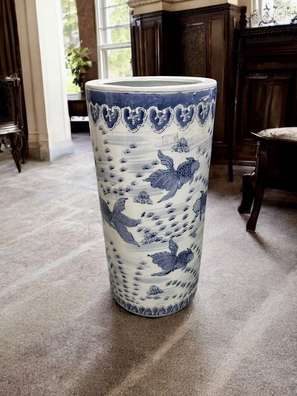 20th Century Chinese Blue & White Carp / Fish Cylinder Umbrella Stick Stand 18”