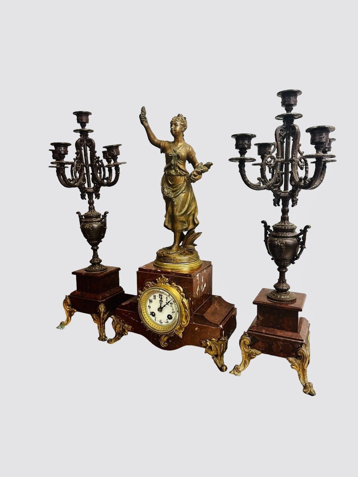 19th Century French Rouge Marble Mantel Clock With Candelabra Garnitures