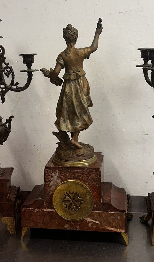 19th Century French Rouge Marble Mantel Clock With Candelabra Garnitures photo buy