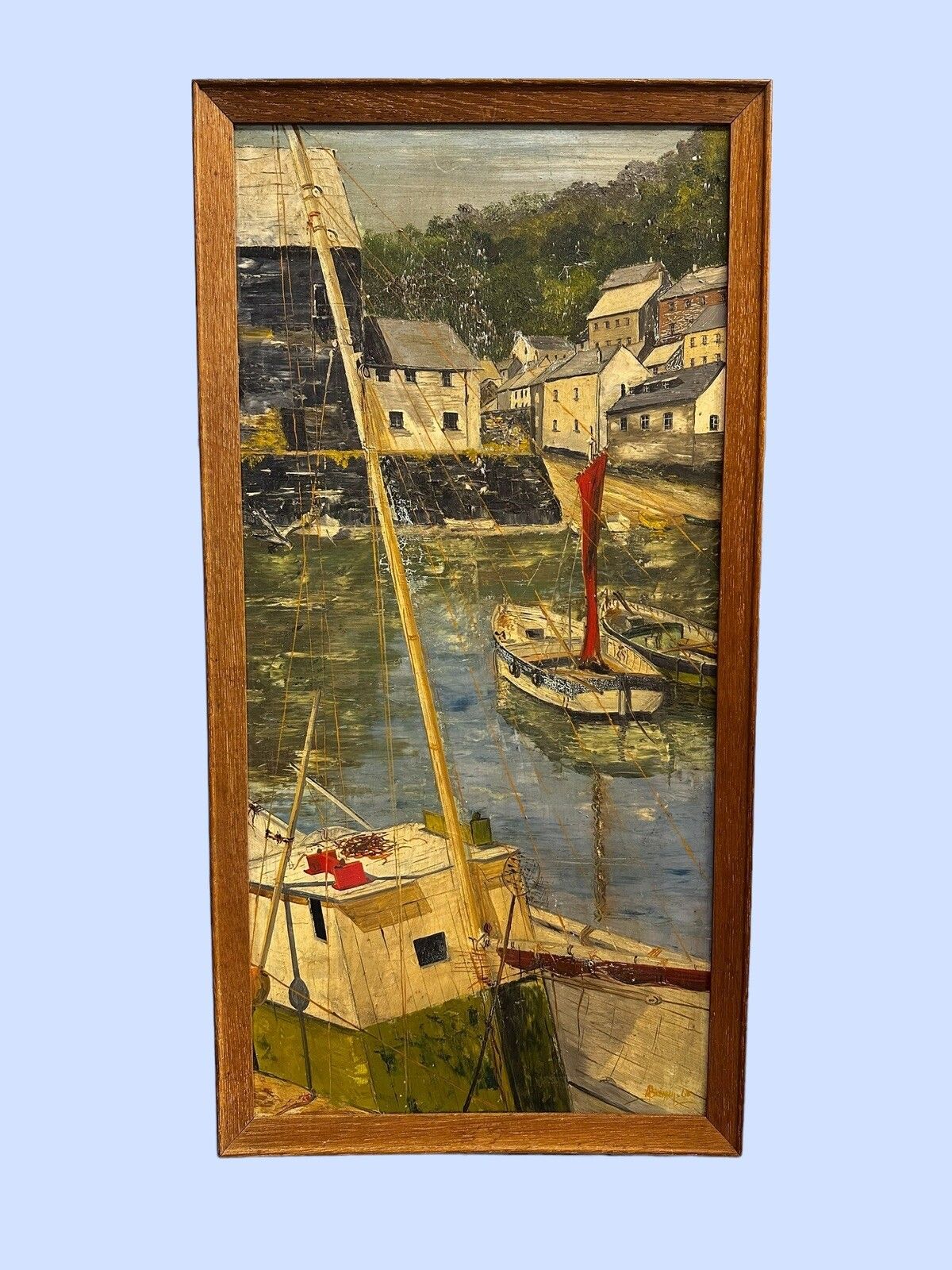 Vintage 1960s Original Painting Signed Cornish Harbour Scene Fabulous 65x33cm
