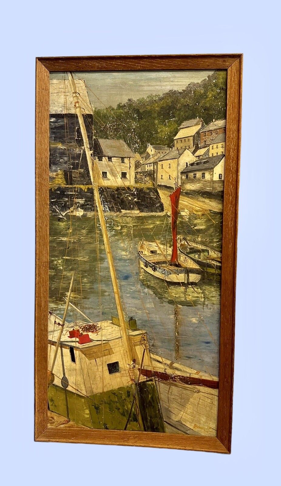 Vintage 1960s Original Painting Signed Cornish Harbour Scene Fabulous 65x33cm photo furniture