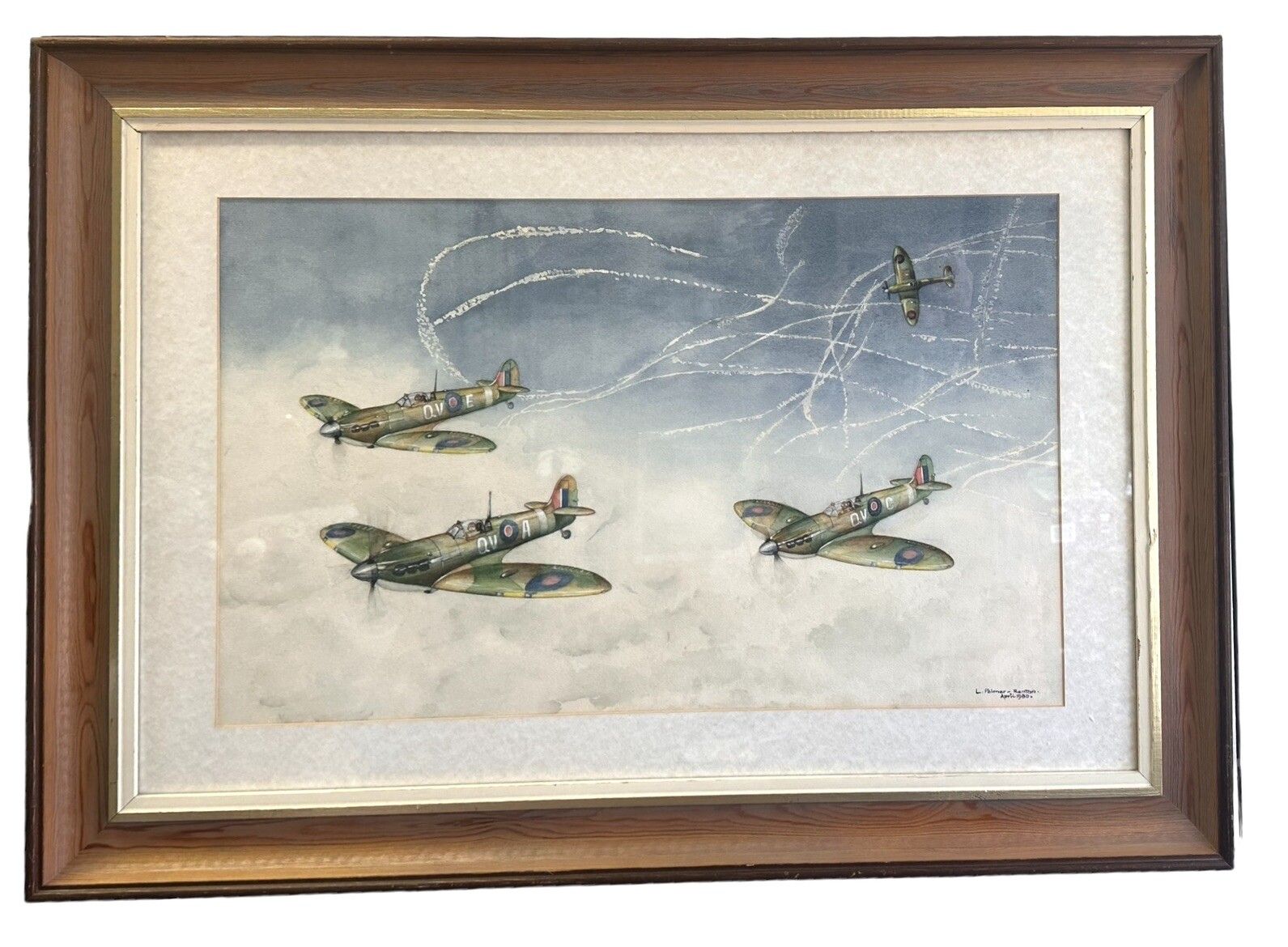 Large Original Watercolour Painting Of Spitfires Signed By Artist 89cm By 64cm
