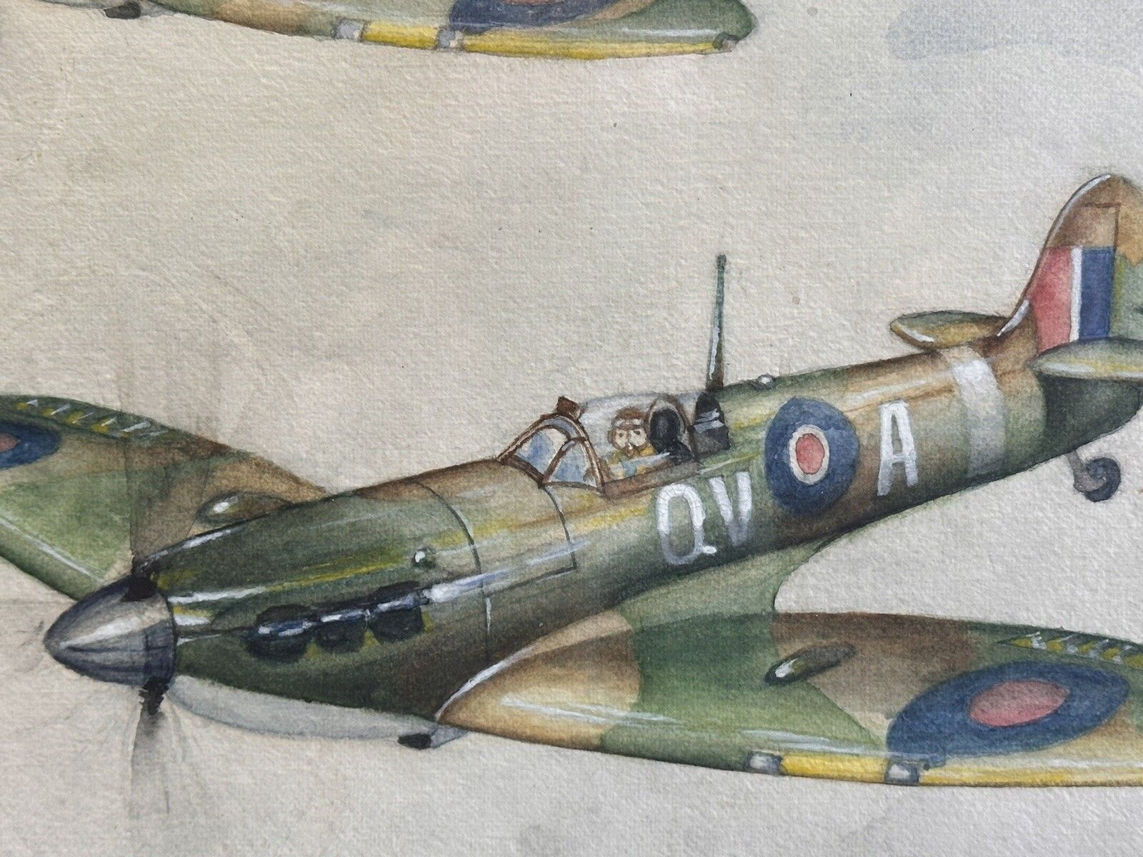 Large Original Watercolour Painting Of Spitfires Signed By Artist 89cm By 64cm photo Art