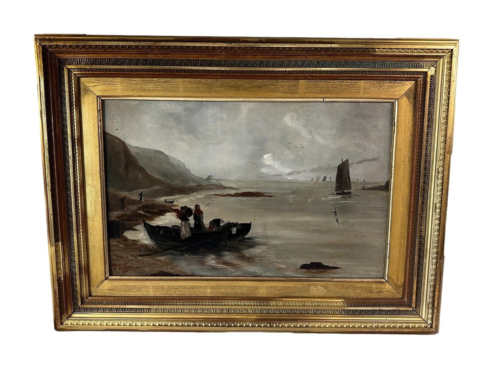 Victorian Oil Painting P G Collins Nautical  Maritime  Fishing Scene 62cm photo furniture