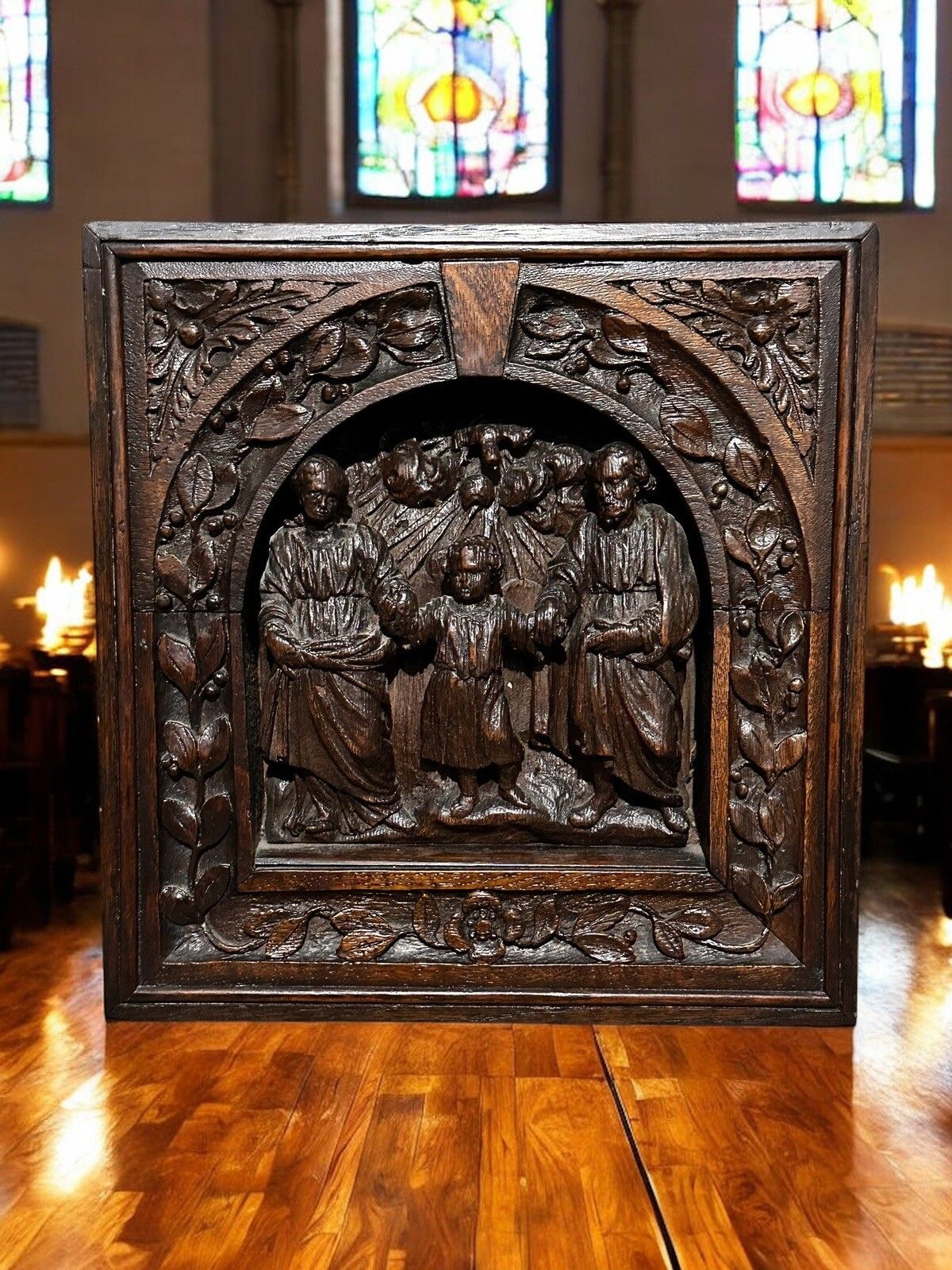 16th Century Carved Oak Religious Panel Of The Holy Family