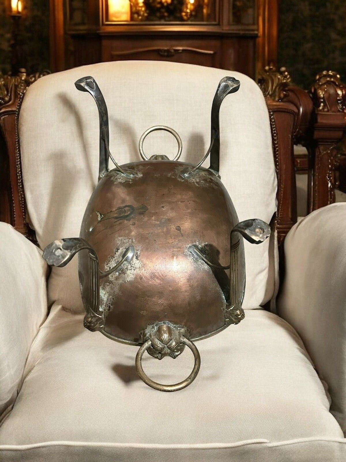Antique Copper And Brass Footed Lion Head Wine Cooler Tazza Grand Tour photo vinterior