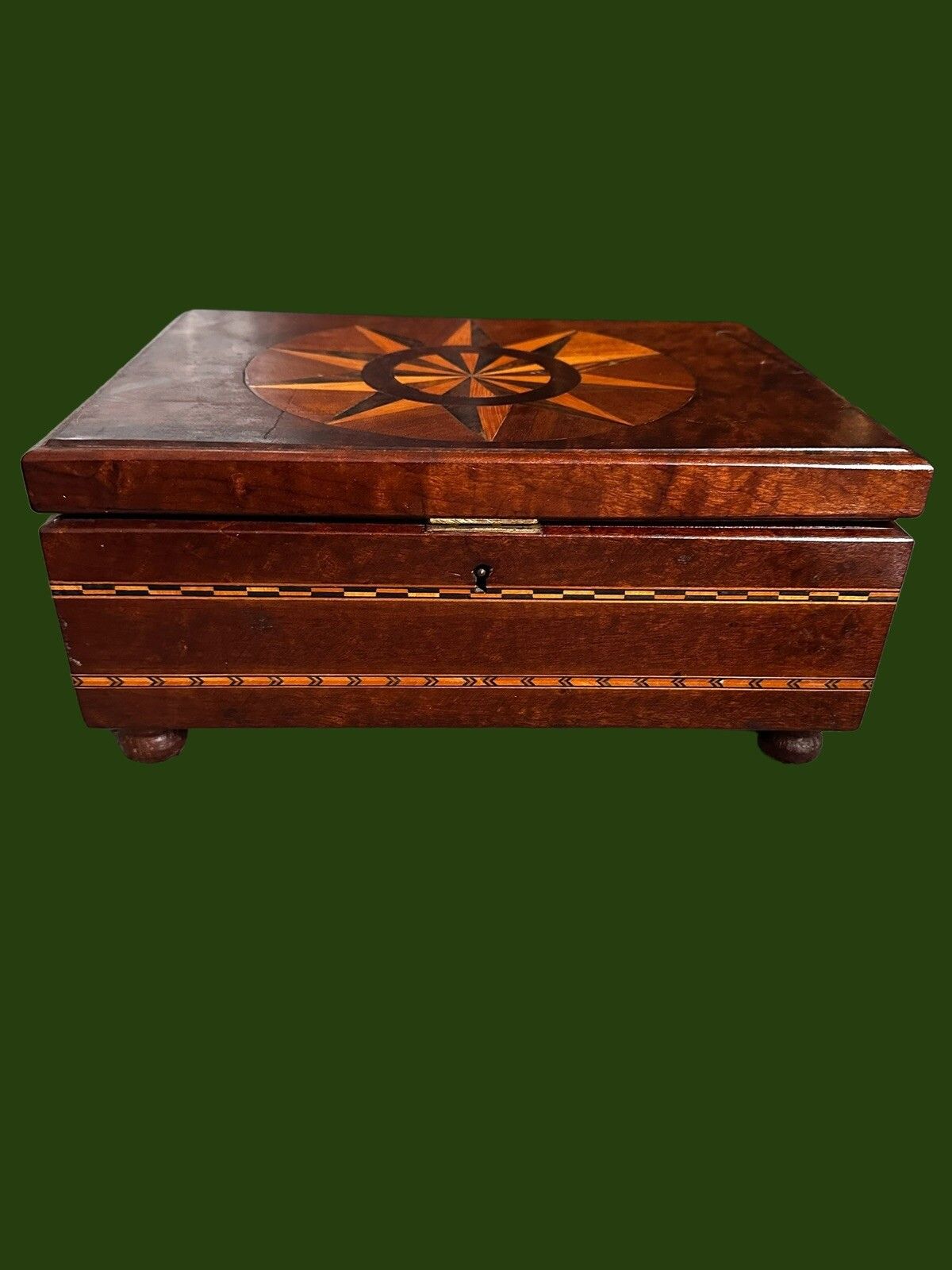 Gorgeous Antique Wooden Box Inlaid Marquetry With Compass Detail photo for sale