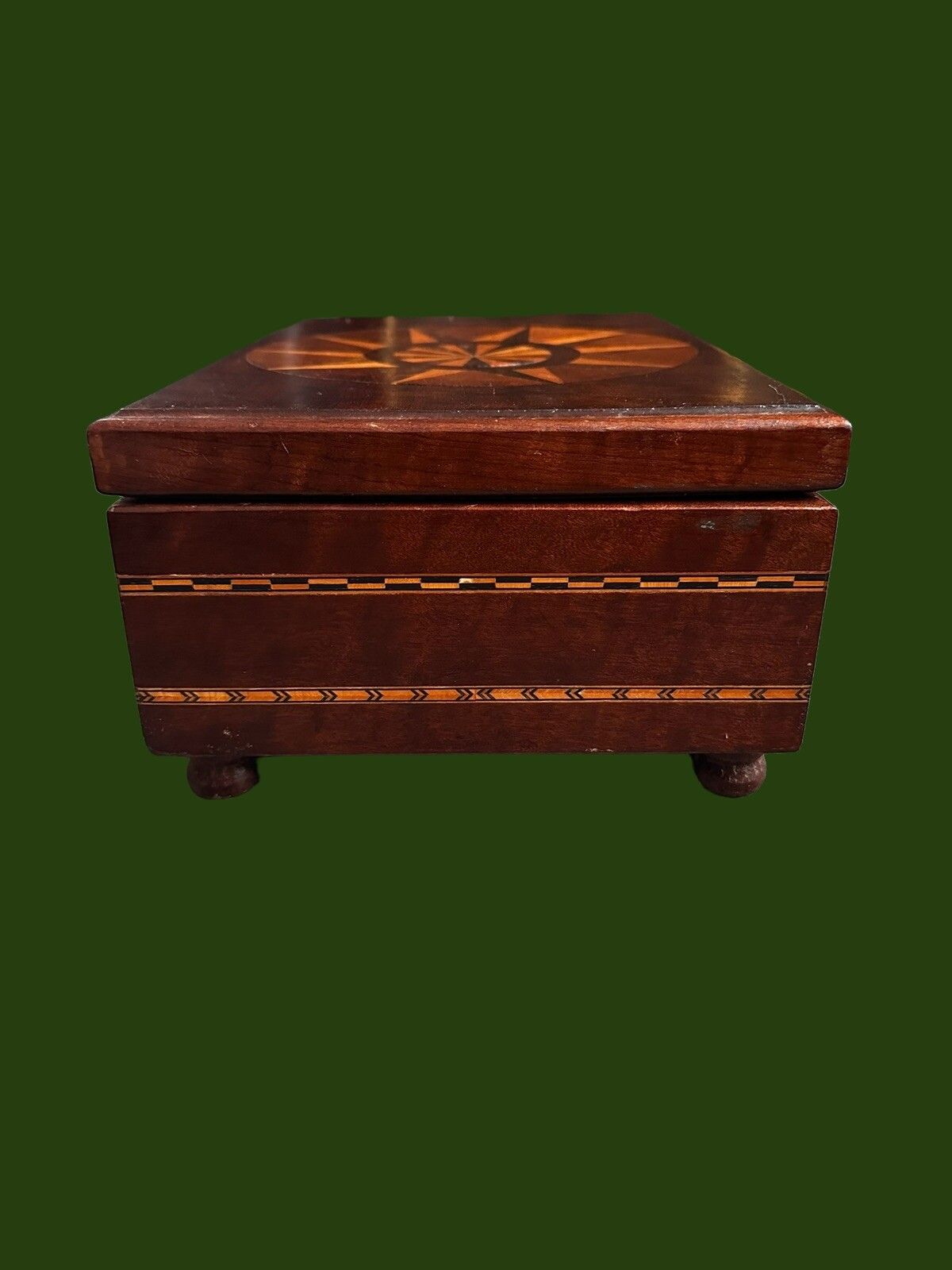 Gorgeous Antique Wooden Box Inlaid Marquetry With Compass Detail photo 165.0