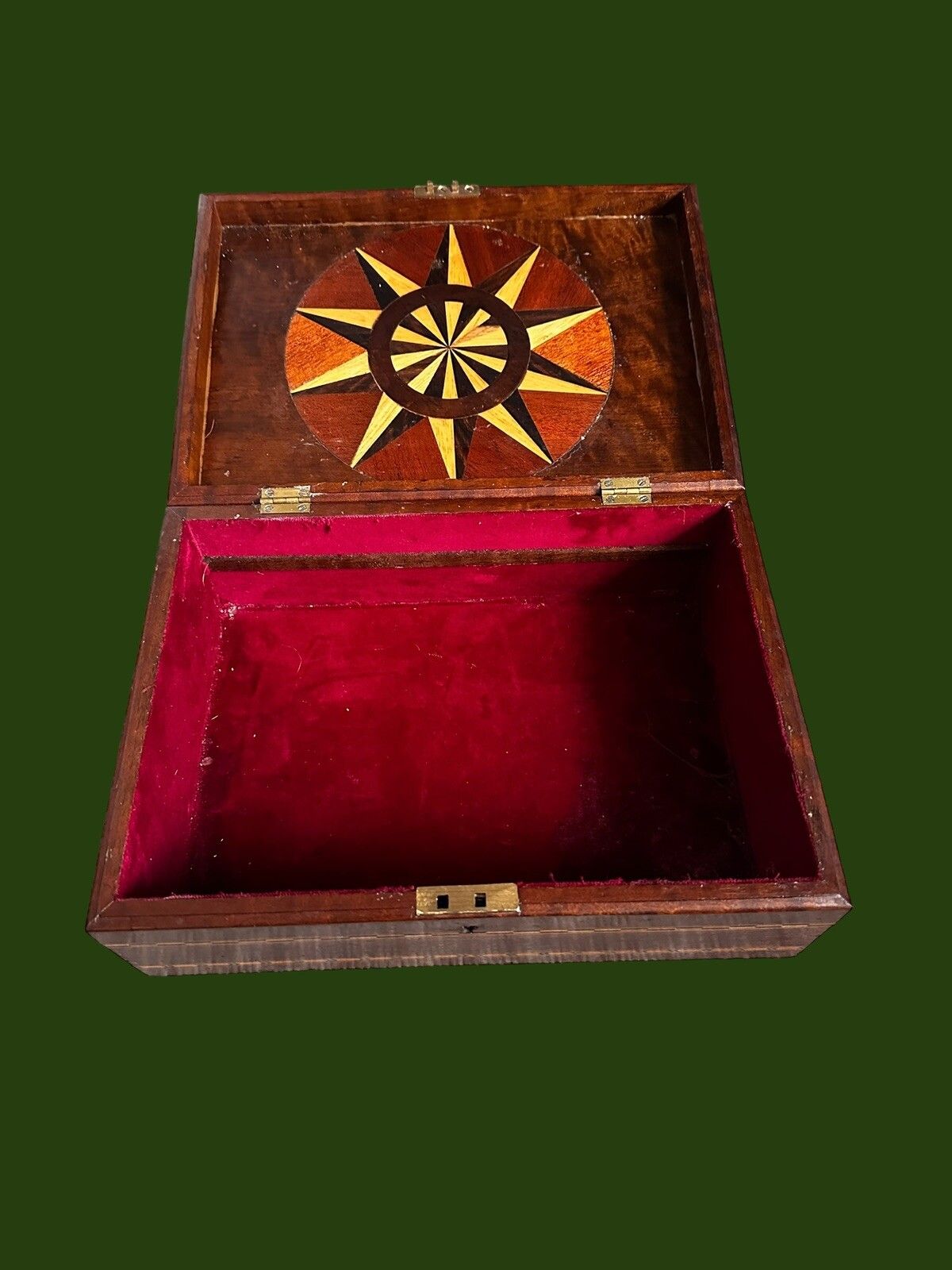 Gorgeous Antique Wooden Box Inlaid Marquetry With Compass Detail photo vintage