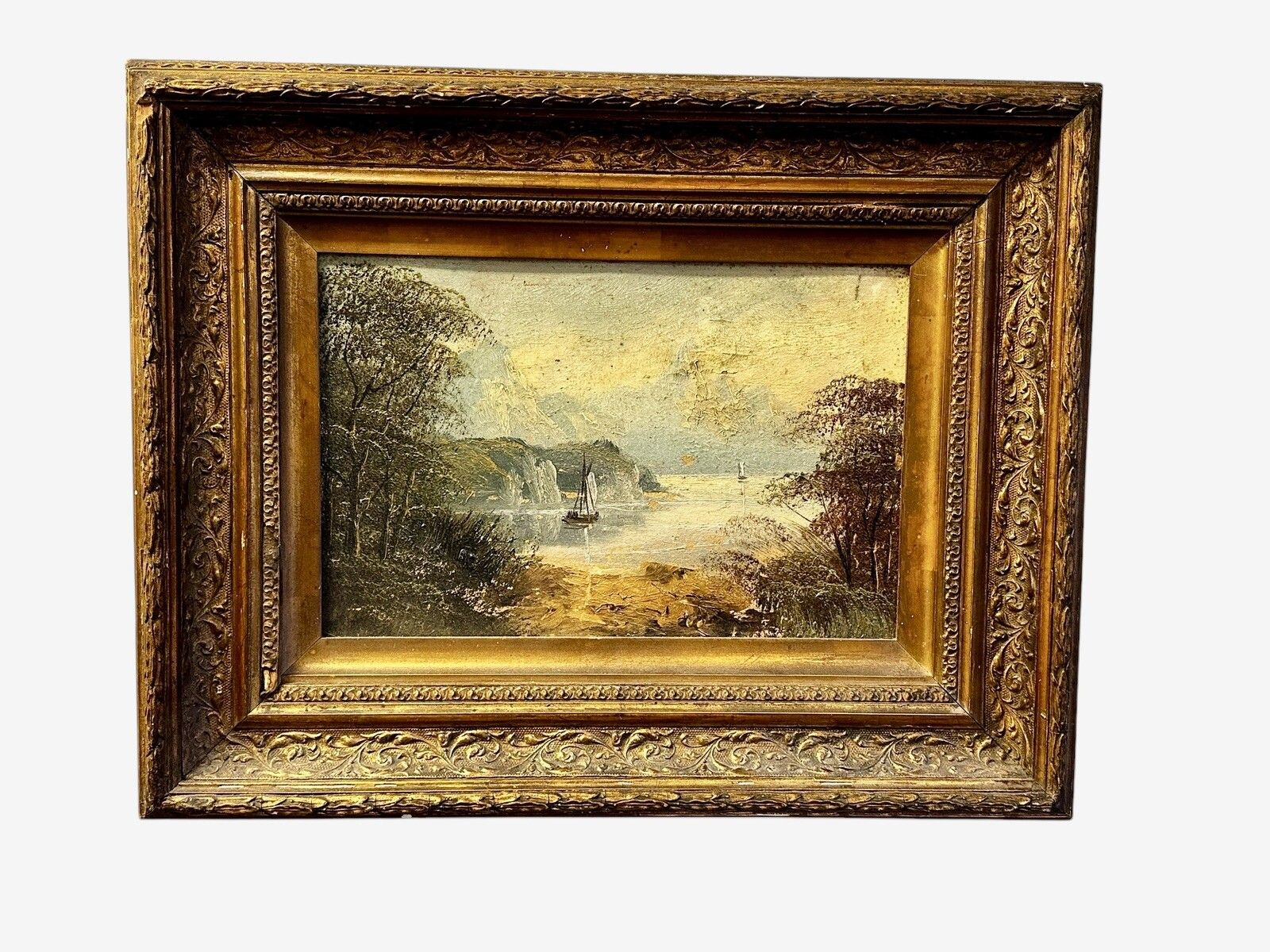 19th Century Oil Painting Nautical Boating Scene 46cm By 38cm